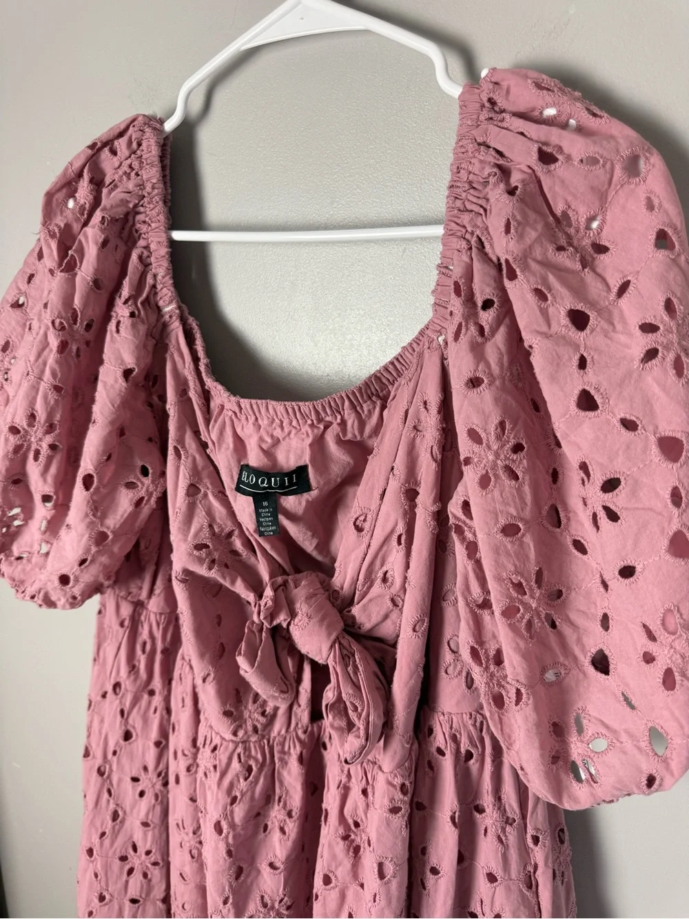 Eloquii Woman’s Eyelet Detain Tie Front Puff Sleeve Maxi Dress SZ 16 Pink Mauve - Picture 2 of 10